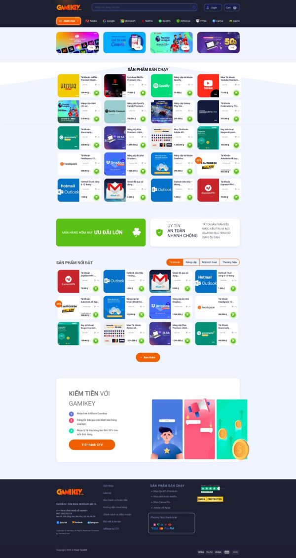 Thiết kế website bán tài khoản MMO Gamikey, Website bán tài khoản Premium, Nam Việt IT & Agency, Theme Flatsome, Website WordPress bán Gamikey, Tối ưu SEO website