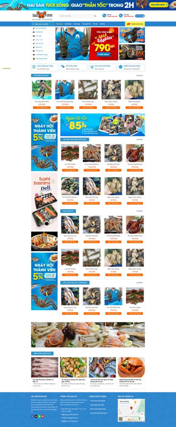 Thiết kế website bán hải sản, Website bán hải sản online, Nam Việt IT & Agency, Theme WordPress Flatsome, Cửa hàng hải sản trực tuyến, Tối ưu SEO website